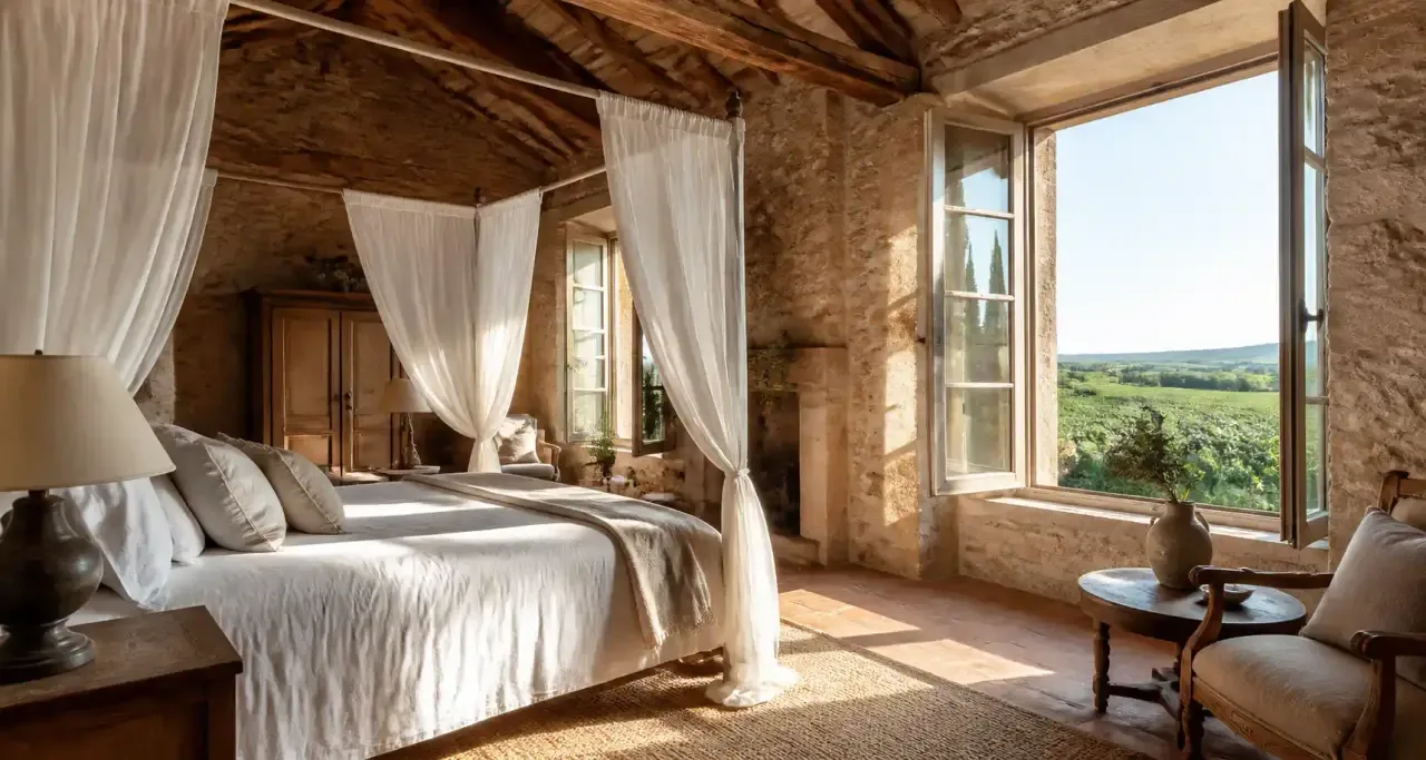 Chambre de charme à baldaquin dans un manoir du Périgord