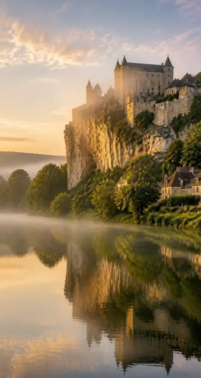 Château de Beynac dominant la falaise dans la brume du matin en Dordogne
