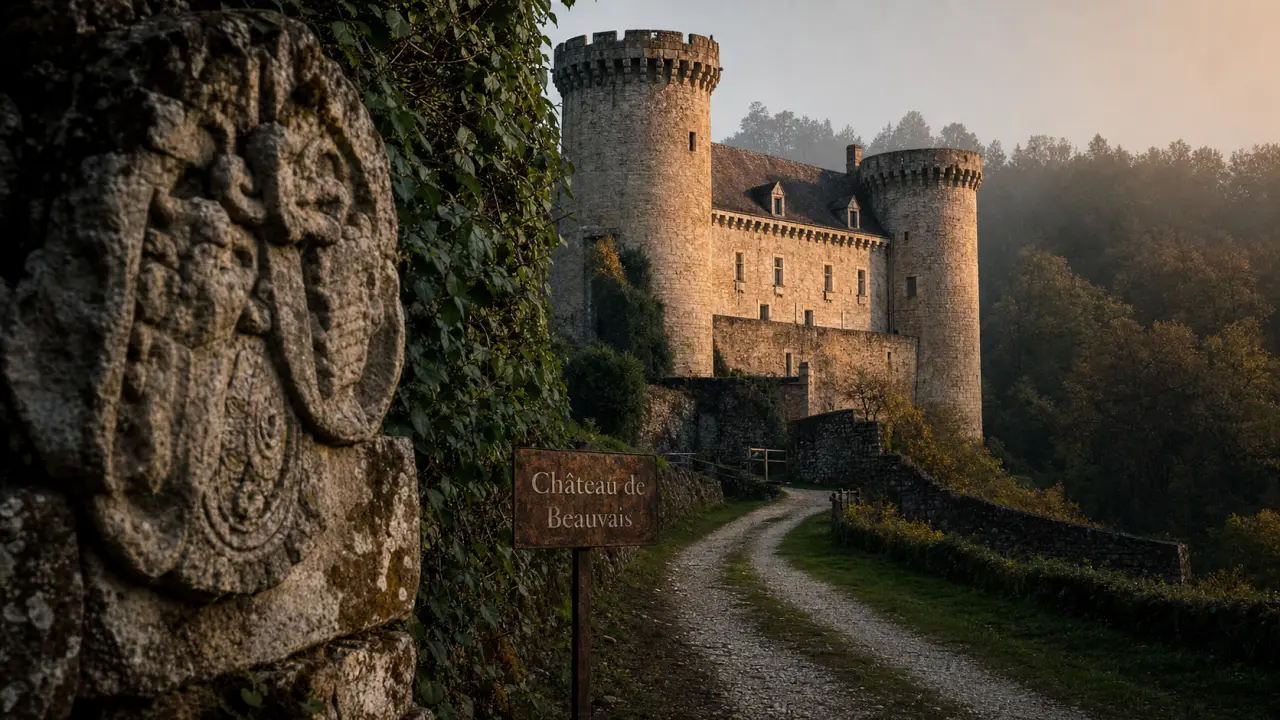 Château de beauvais dordogne : vue du château depuis l’allée