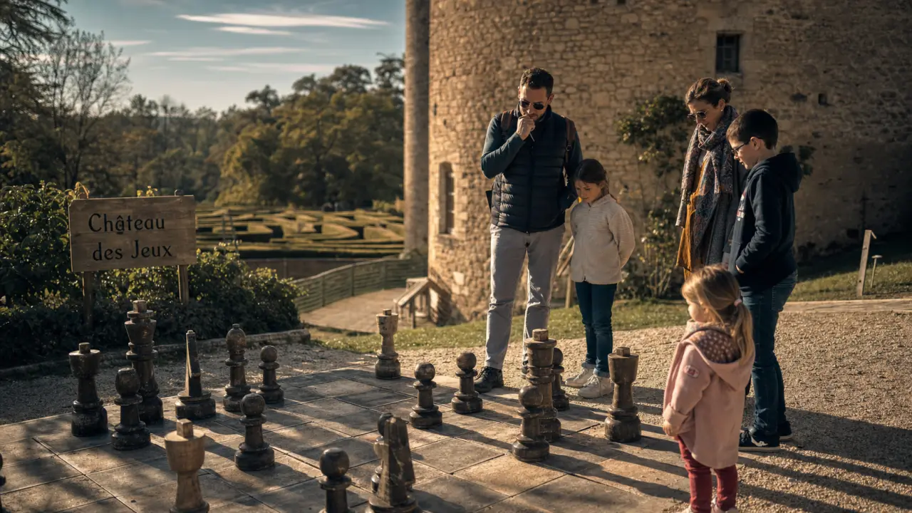 Château de bridoire dordogne : famille près d’un échiquier XXL au Château des Jeux