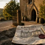 Château en fête Dordogne 2026 : affiche “Châteaux en Fête” et cour de château en Dordogne