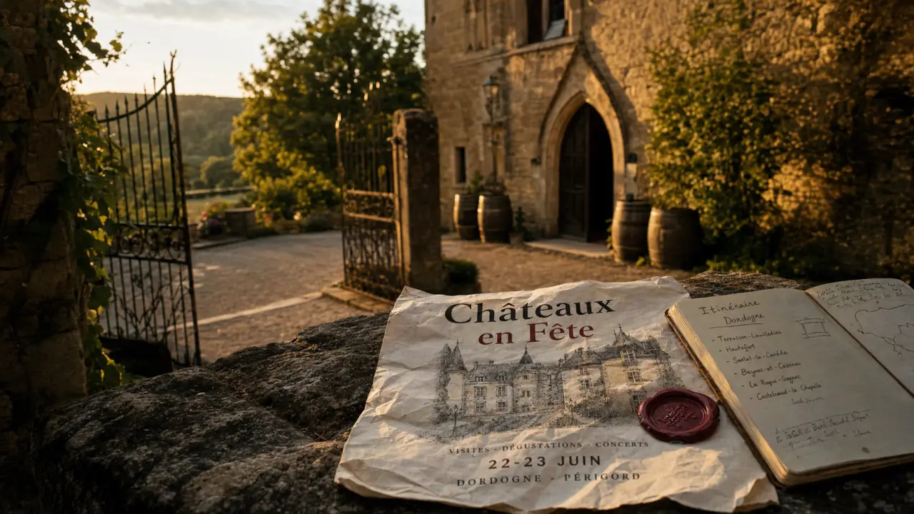 Château en fête Dordogne 2026 : affiche “Châteaux en Fête” et cour de château en Dordogne