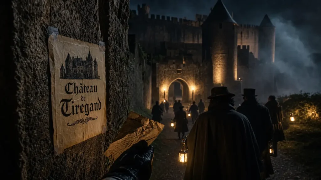 château hanté halloween dordogne, entrée du Château de Tiregand la nuit