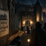 château hanté halloween dordogne, entrée du Château de Tiregand la nuit