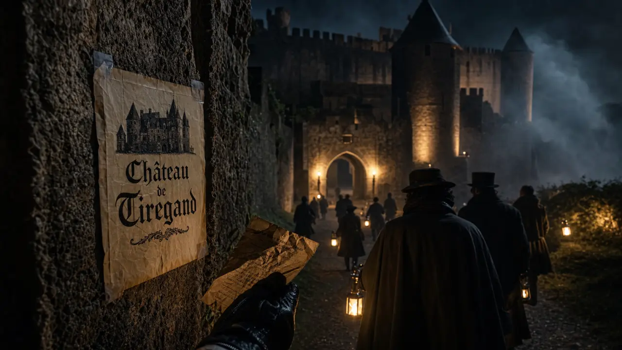 château hanté halloween dordogne, entrée du Château de Tiregand la nuit