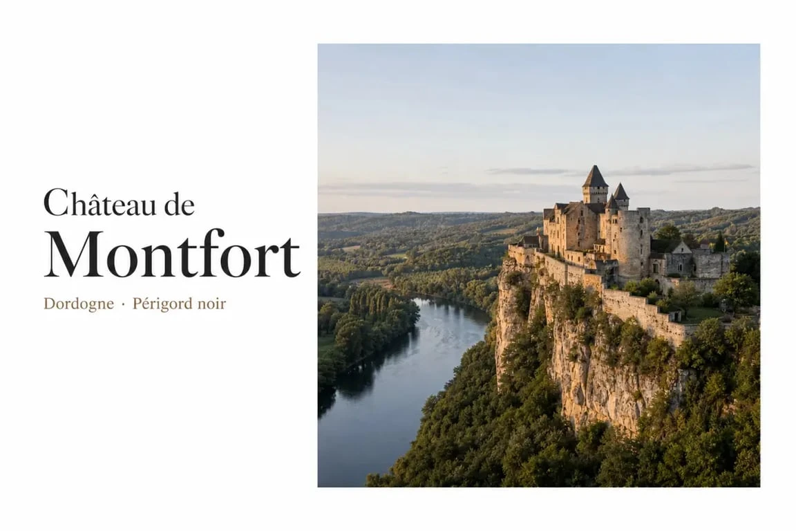 Château de Montfort dordogne avis : vue extérieure du château de Montfort au-dessus de la Dordogne