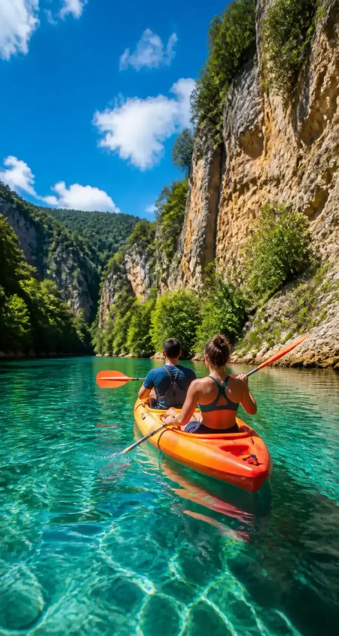 Descente en kayak sur la rivière Dordogne au pied des falaises