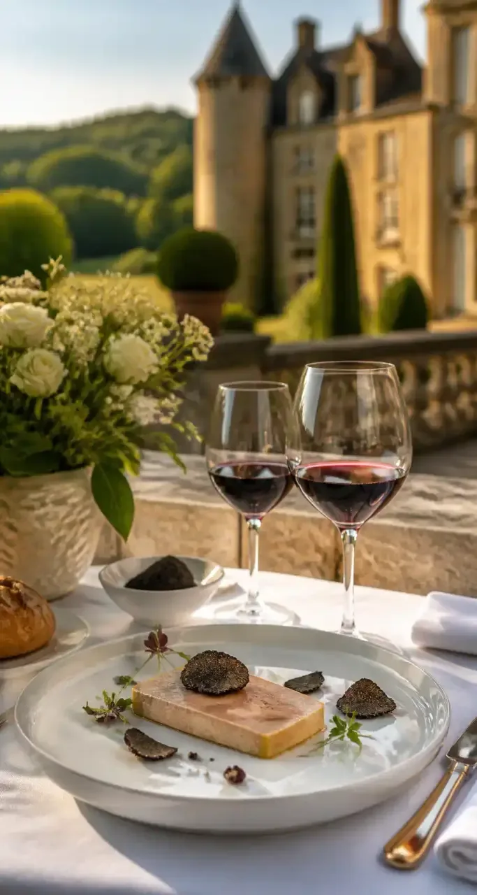 Table gastronomique dressée dans un château du Périgord