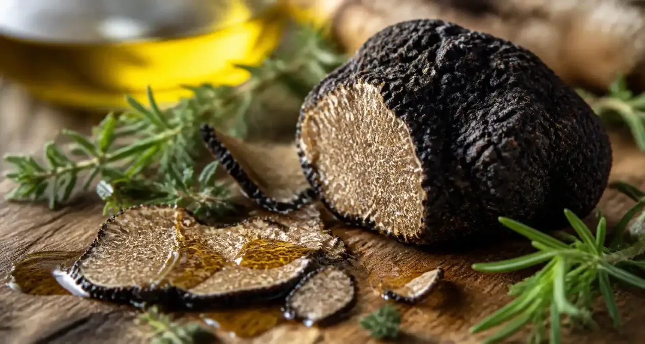Truffe noire du Périgord en gros plan sur bois brut