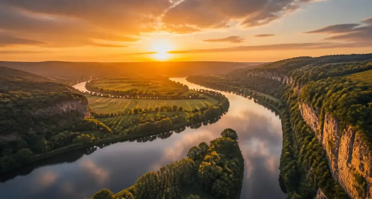 Vallée de la Dordogne au coucher du soleil en Périgord