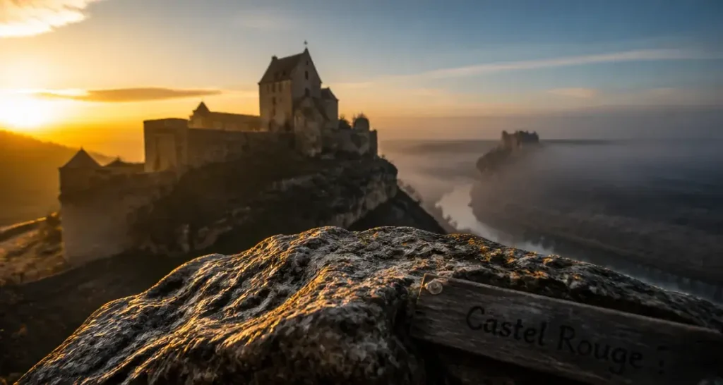 Château castel rouge dordogne : château médiéval en brume au bord de la vallée