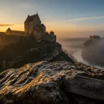 Château castel rouge dordogne : château médiéval en brume au bord de la vallée