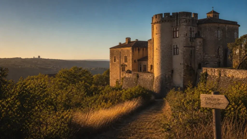 Château de bellegarde dordogne, vue golden hour depuis un chemin