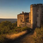 Château de bellegarde dordogne, vue golden hour depuis un chemin