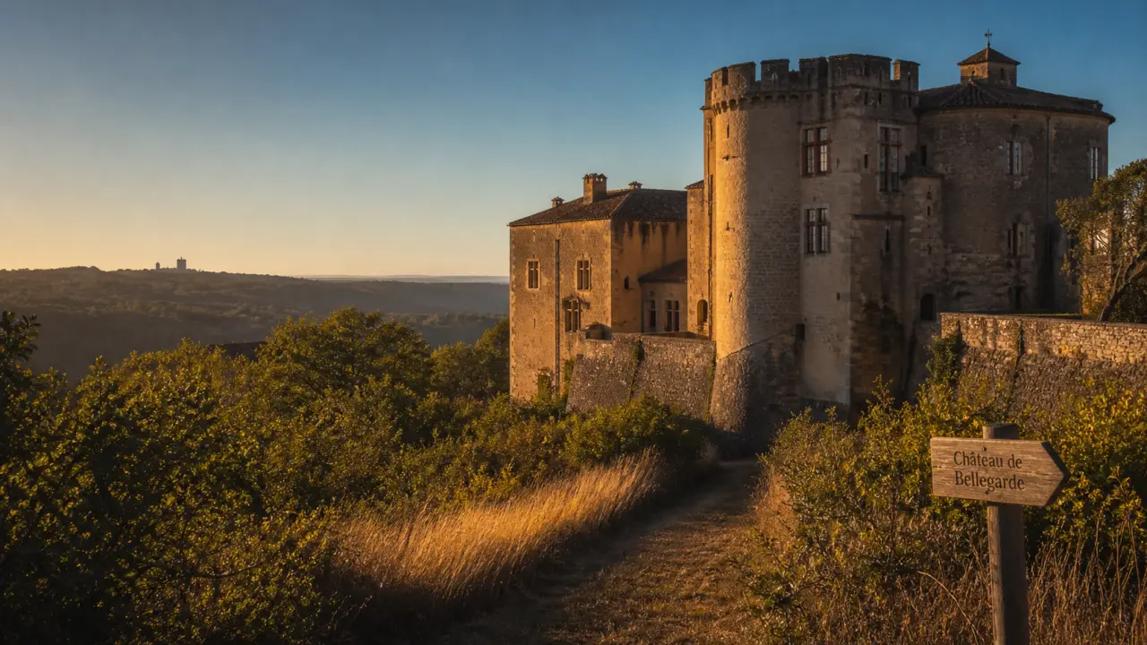 Château de bellegarde dordogne, vue golden hour depuis un chemin