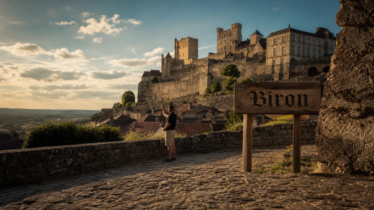 Château de Biron en Dordogne, vue du chemin vers le château