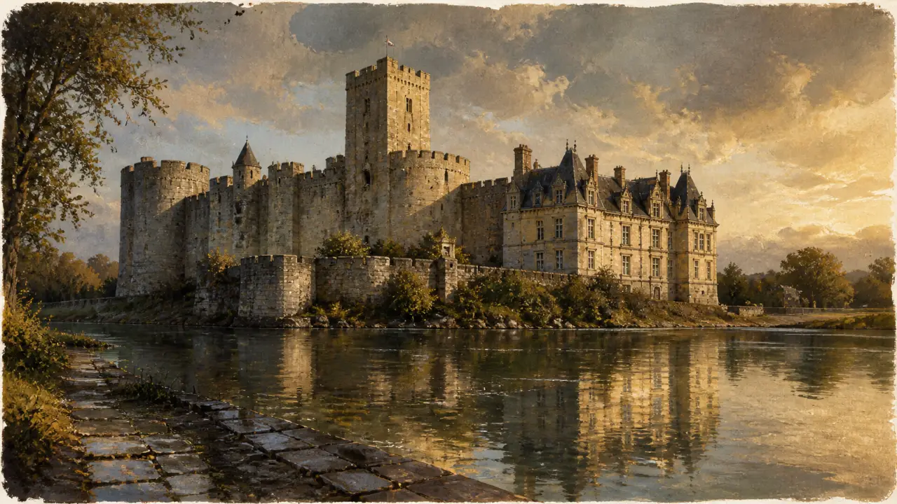 Château de Bourdeilles Dordogne : donjon et logis Renaissance au bord de la Dronne
