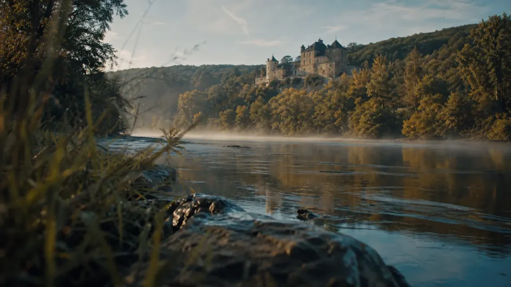 Château de fayrac dordogne vu depuis la Dordogne, brume et rivière