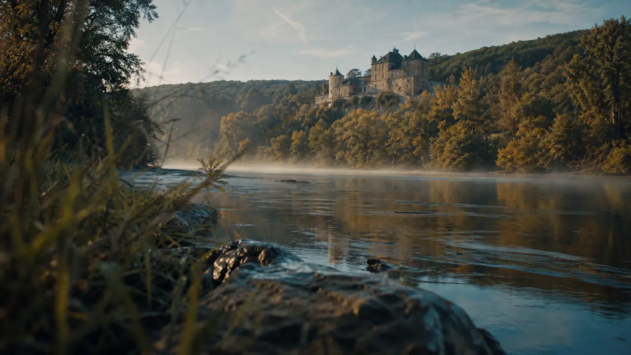Château de fayrac dordogne vu depuis la Dordogne, brume et rivière