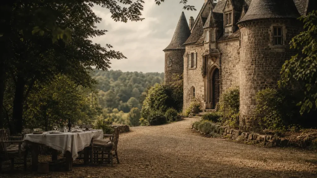 Château de la cote dordogne : allée vers le château hôtel dans le parc boisé