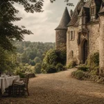 Château de la cote dordogne : allée vers le château hôtel dans le parc boisé