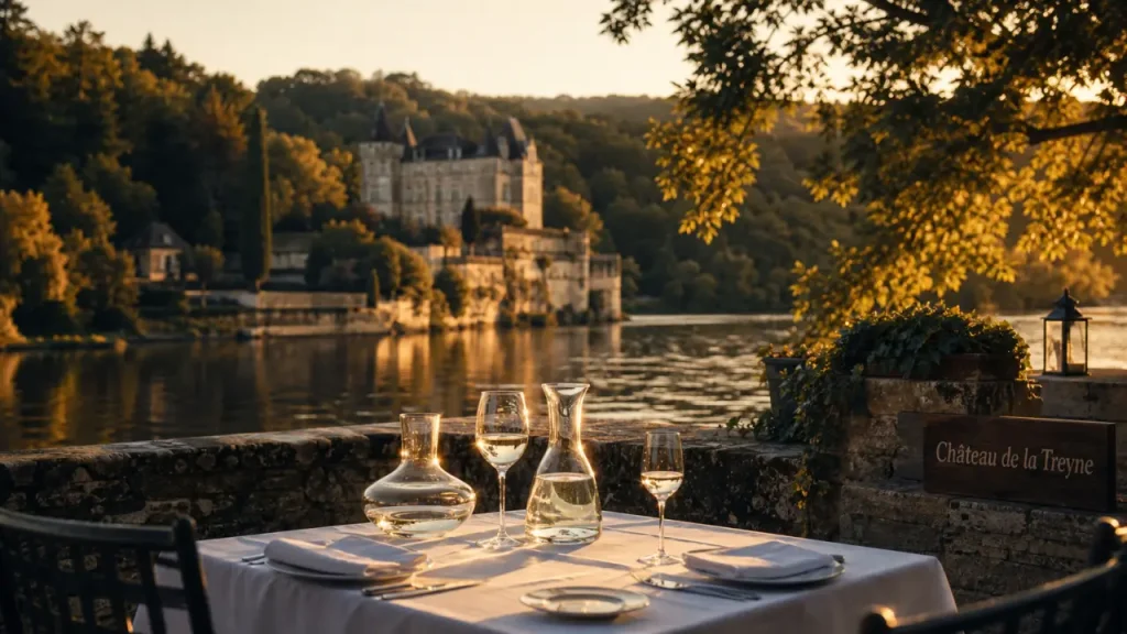 Château de la treyne dordogne france : terrasse au bord de la Dordogne, vue château-hôtel