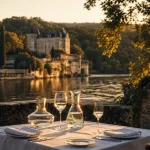 Château de la treyne dordogne france : terrasse au bord de la Dordogne, vue château-hôtel