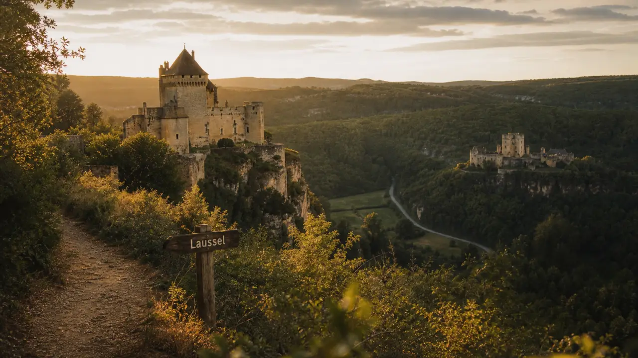 Château de laussel dordogne face à Commarque, vue vallée de la Beune au golden hour