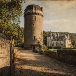 Château de montaigne dordogne : tour de la librairie et entrée de visite