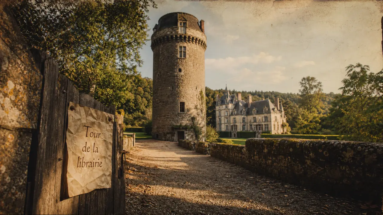 Château de montaigne dordogne : tour de la librairie et entrée de visite