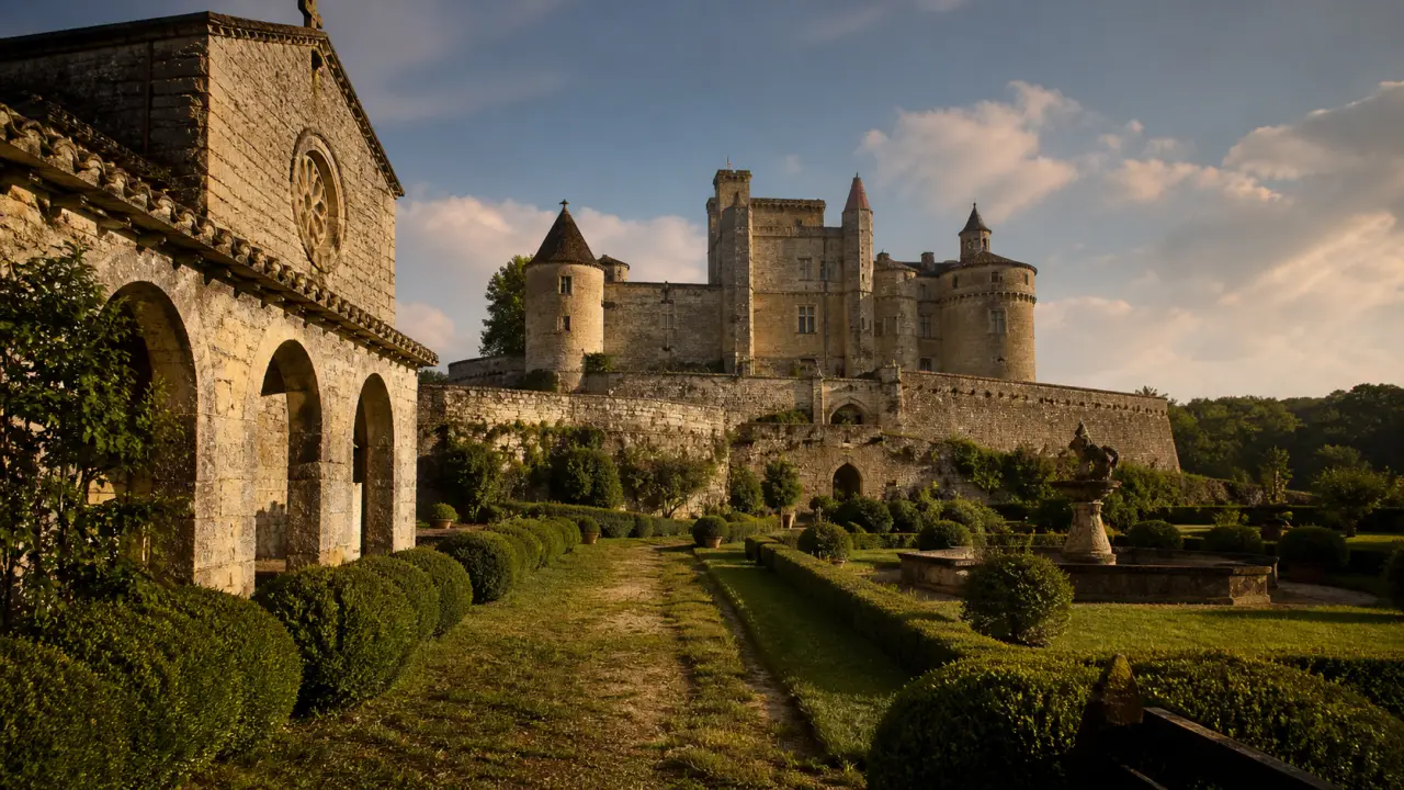 Château de Montréal dordogne : vue jardins et remparts