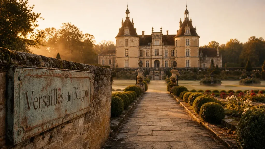 Château de hautefort dordogne, jardins à la française et allée pavée