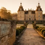 Château de hautefort dordogne, jardins à la française et allée pavée