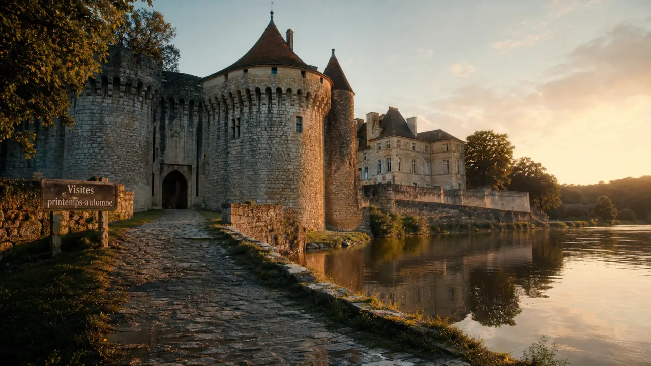 Château de lanquais dordogne : vue golden hour, aile Renaissance et tours médiévales