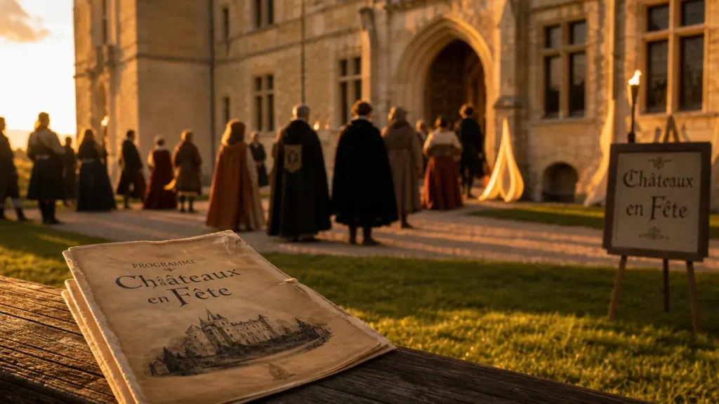 Châteaux en fête dordogne : programme sur banc, cour de château au golden hour