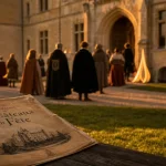 Châteaux en fête dordogne : programme sur banc, cour de château au golden hour