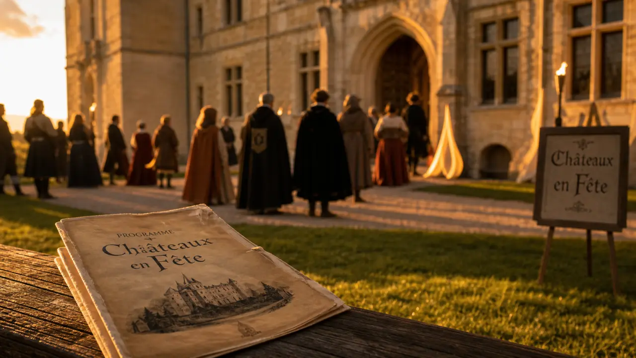 Châteaux en fête dordogne : programme sur banc, cour de château au golden hour