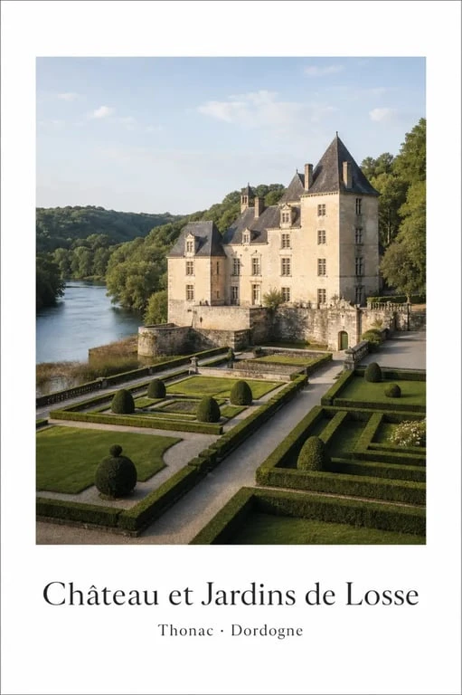 Château de Losse Thonac Dordogne France, vue d’ensemble du château Renaissance et de ses jardins