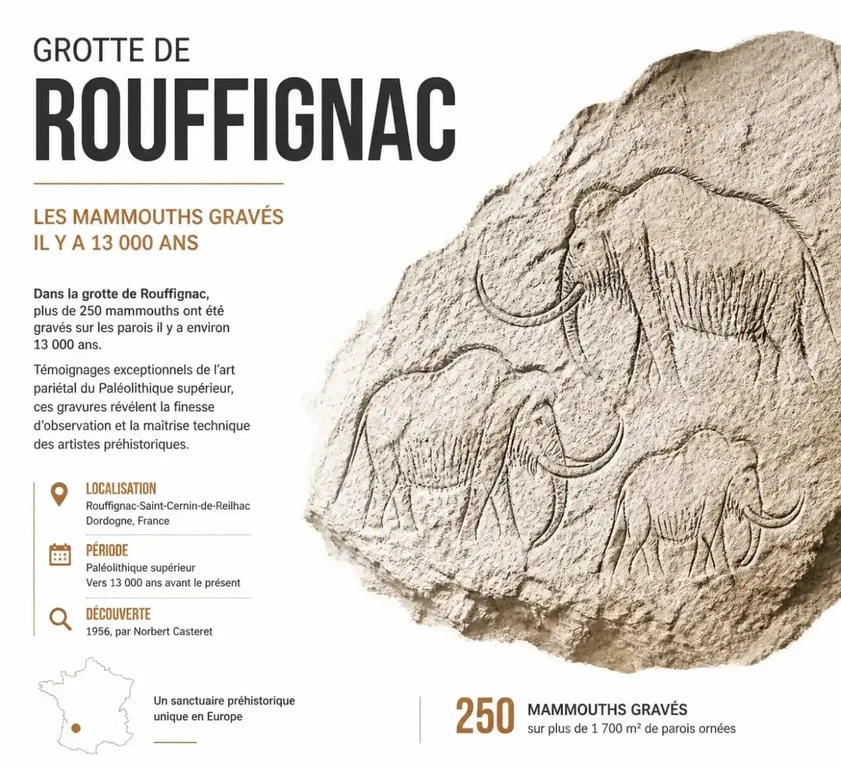 Gravures de mammouths dans la grotte de Rouffignac, site préhistorique majeur