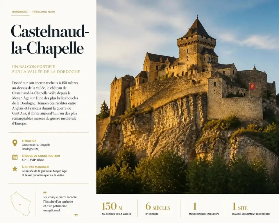 Vue panoramique du château de Castelnaud-la-Chapelle, forteresse médiévale emblématique en Dordogne souvent confondue avec le château Castel Rouge.