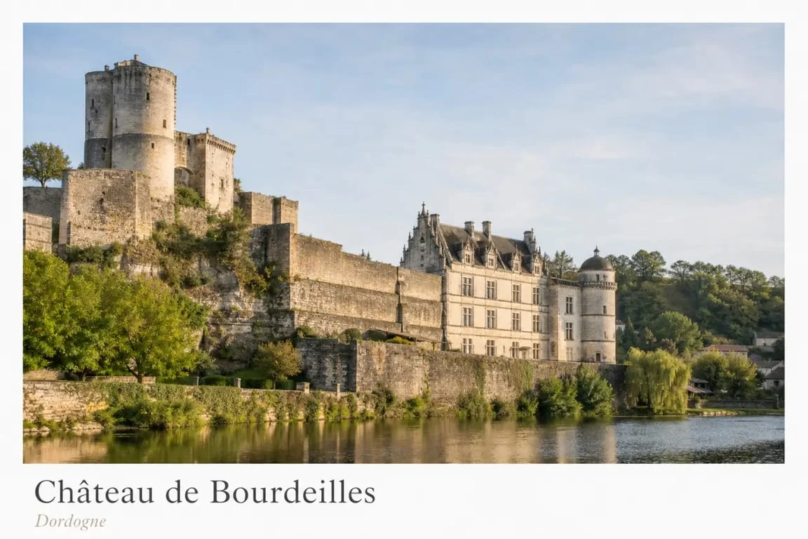 Château de Bourdeilles dordogne, vue d'ensemble de la forteresse médiévale et du logis Renaissance