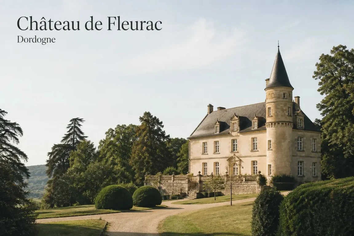 Le château de Fleurac dordogne vu de l’extérieur dans son parc du Périgord noir