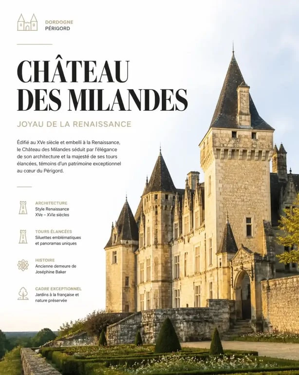 Vue extérieure du château de Joséphine Baker en Dordogne, le Château des Milandes