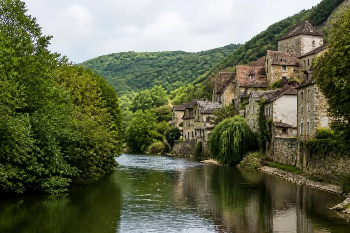 Tourisme vert dordogne : panorama du Périgord Vert avec rivière, village et paysages boisés
