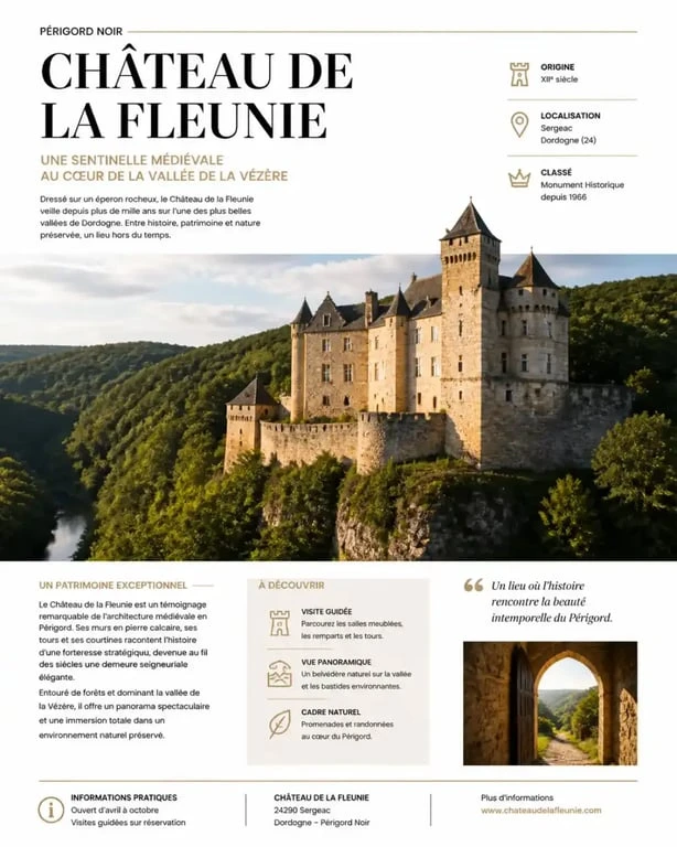 Vue panoramique du château de la Fleunie en Dordogne, un monument historique au cœur de la vallée de la Vézère.