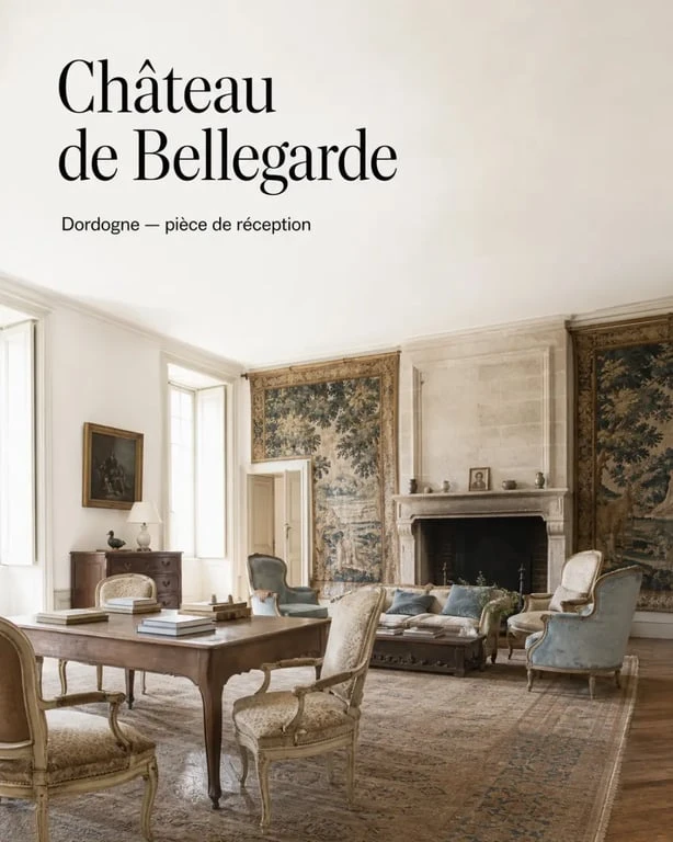 Château de Bellegarde Dordogne, pièce de réception et intérieur patrimonial