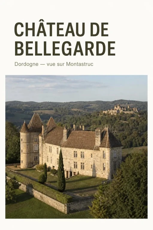 Château de Bellegarde Dordogne, vue extérieure en hauteur face au château de Montastruc