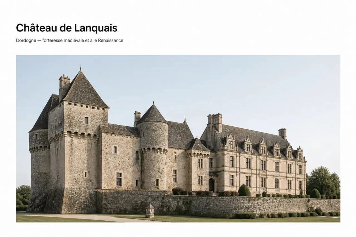 Château de lanquais dordogne vu de l’extérieur, avec tours médiévales et aile Renaissance