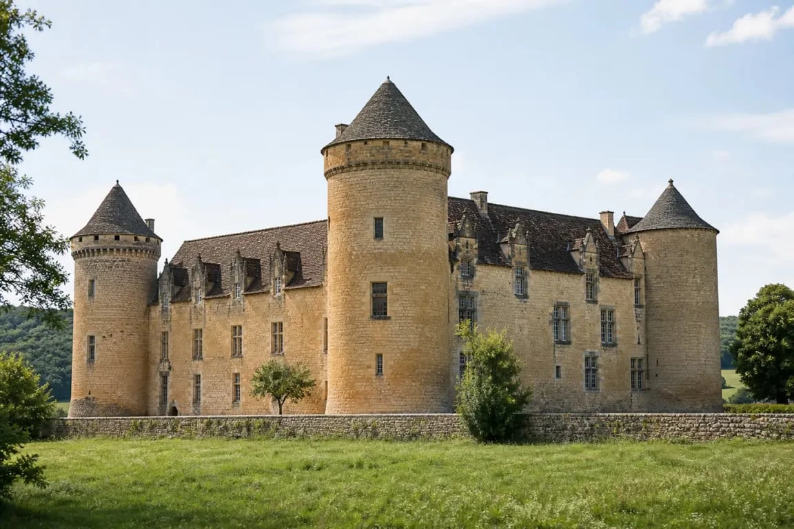 Château de la Faye Dordogne, vue extérieure du château de la Faye à Auriac-du-Périgord avec la façade sud et les tours