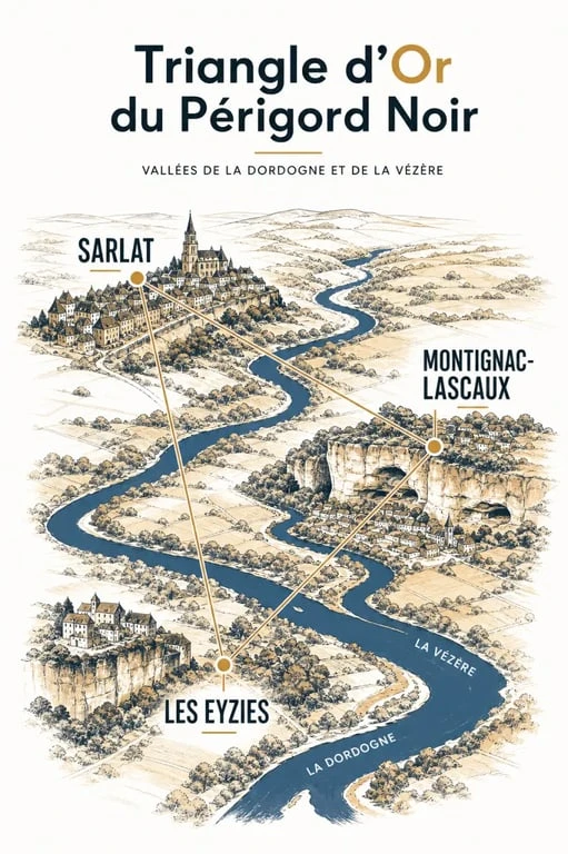 Carte illustrée du triangle d'or perigord noir avec Sarlat, Montignac-Lascaux et Les Eyzies